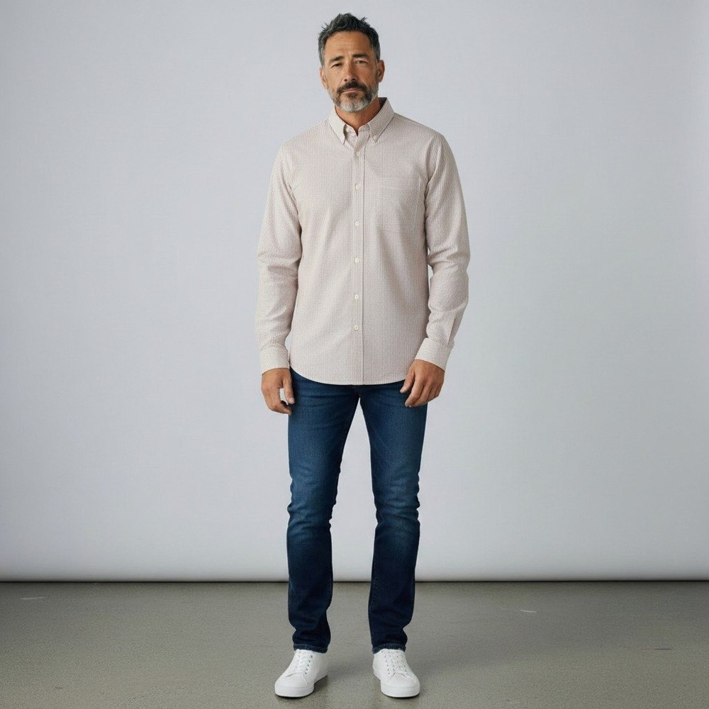 TravisMathew Button Down Shirt Size M Grey White Micro Stripe Long Sleeve Pocket